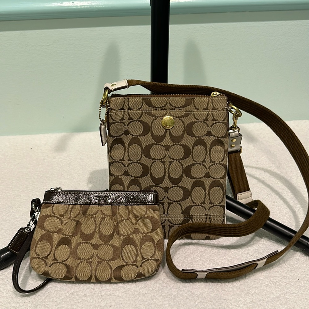 Coach Brown & Tan canvas Crossbody plus Wristlet